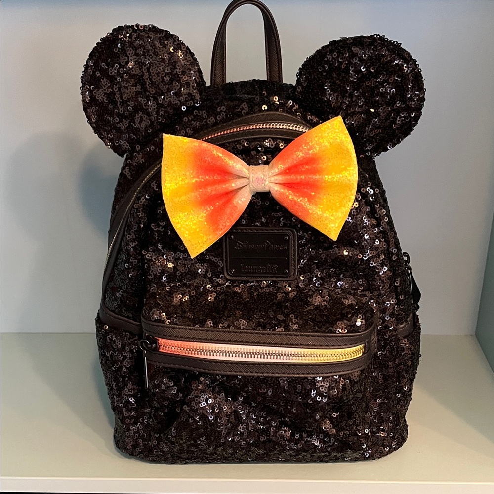 Disney Parks Loungefly Halloween Black Sequin Backpack with Candy Corn Bow
